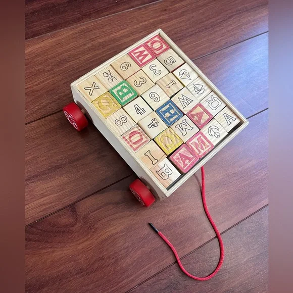 Vintage wooden baby blocks primary colors numbers letters objects pull along bin - Picture 7 of 7